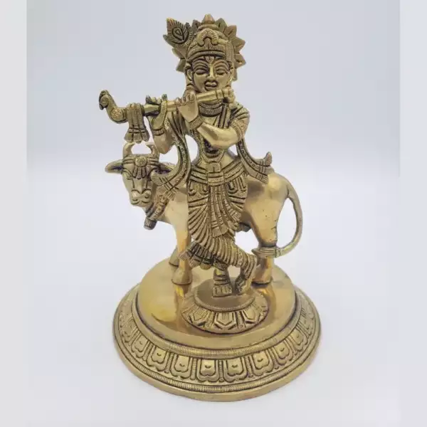 Brass Krishna with Cow